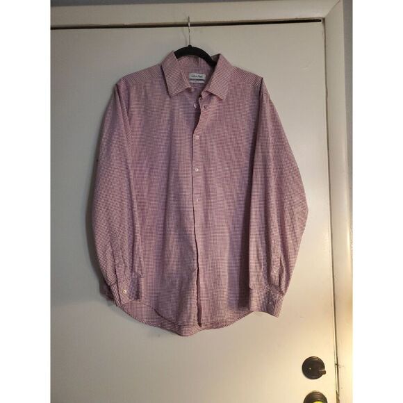 Calvin Klein Long Sleeve Button Down Red And Cream Plaid Shirt Size  17 34/35. - Picture 1 of 3